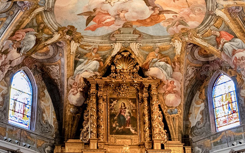 San Nicolás Church Valencia ornate ceiling fresco and altar.
