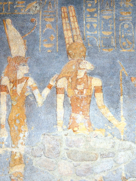 Ancient Egyptian deities depicted in Hathor Temple wall paintings.