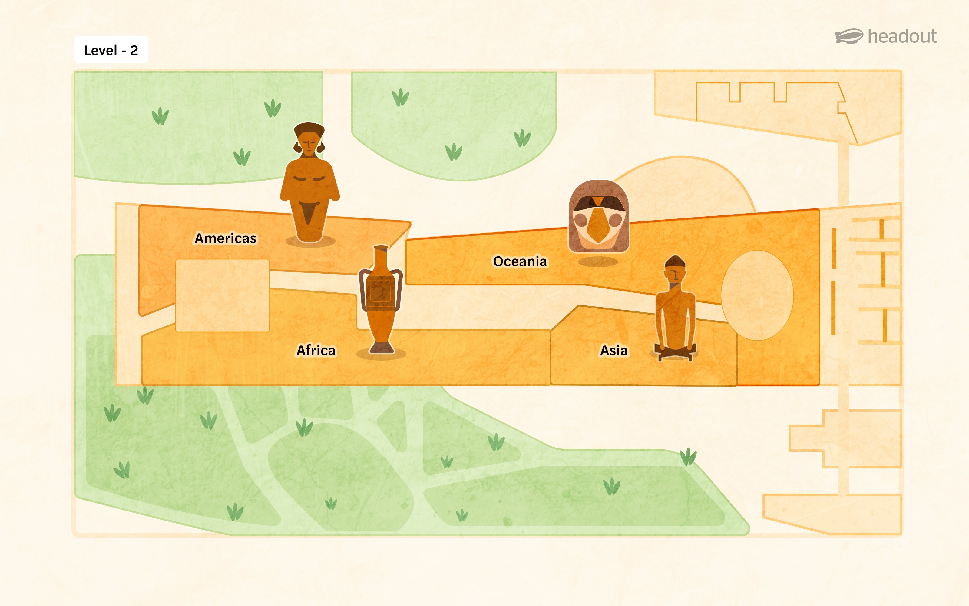 Level 2 map of Quai Branly Museum showing sections for Americas, Africa, Oceania, and Asia.
