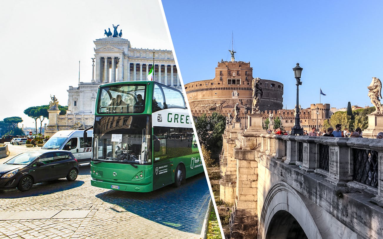 Green Line bus near Altare della Patria and Castel Sant'Angelo in Rome.