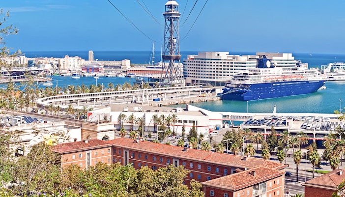 Montjuic cable car overlooking Barcelona harbor and cityscape.