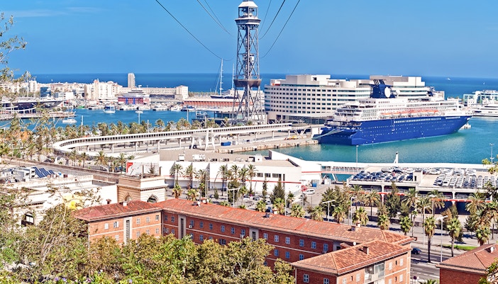 Montjuic cable car overlooking Barcelona harbor and cityscape.