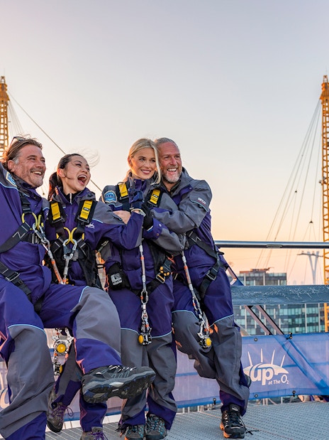 Climbers celebrating atop the O2 Arena roof with London's skyline in view.