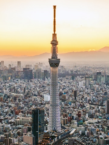 Tokyo Skytree towering over cityscape at sunset.