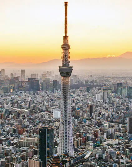 Tokyo Skytree towering over cityscape at sunset.