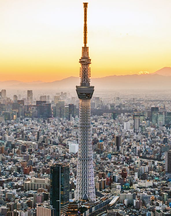 Tokyo Skytree towering over cityscape at sunset.