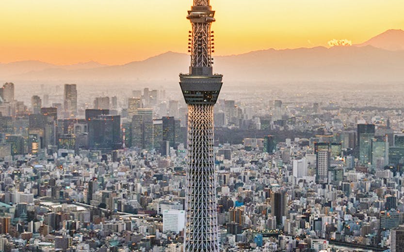 Tokyo Skytree towering over cityscape at sunset.
