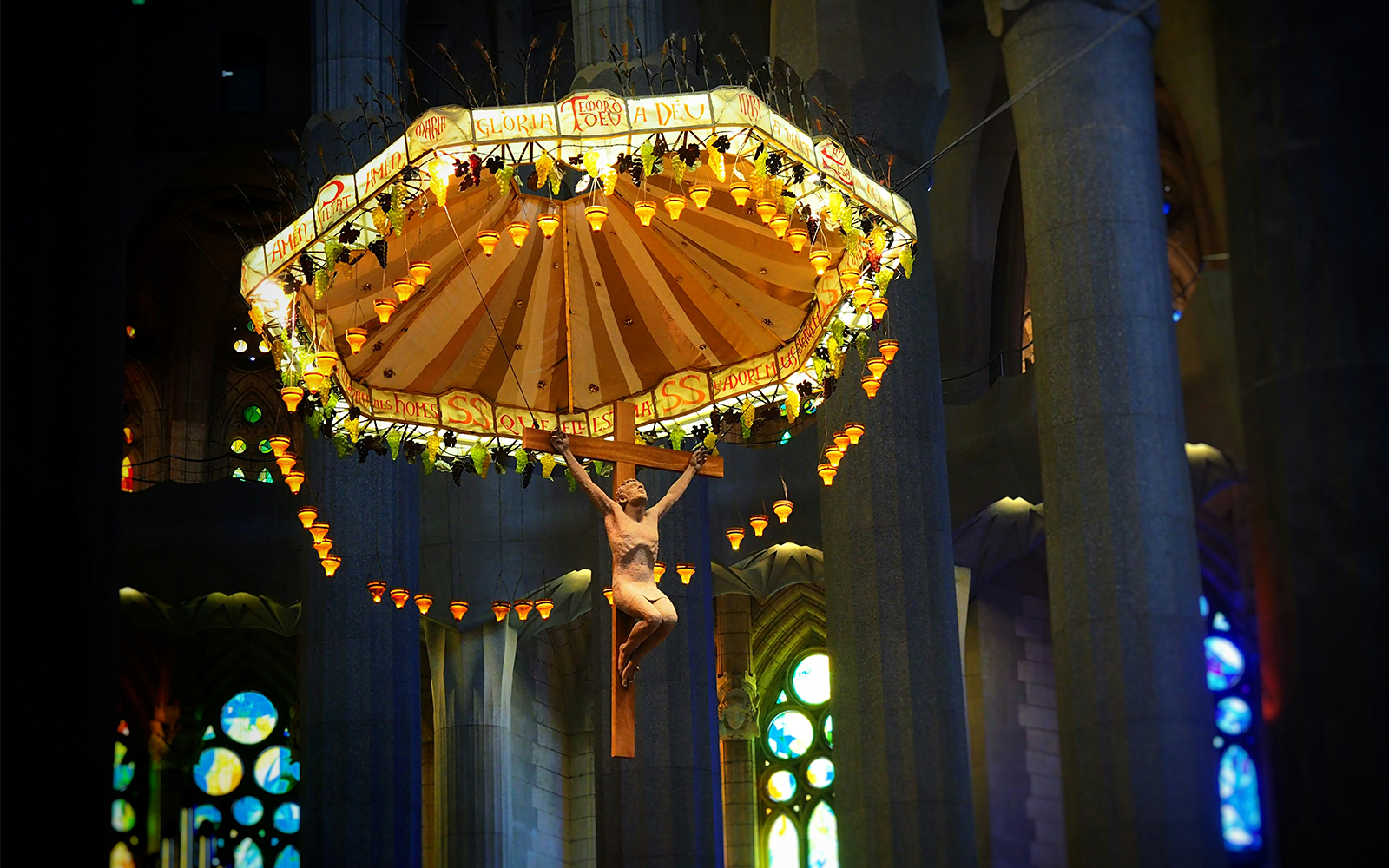 Crucifix and canopy inside Sagrada Familia, Barcelona.