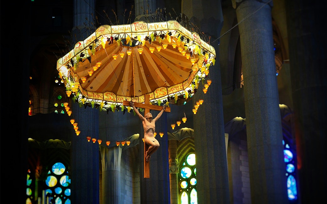 Crucifix and canopy inside Sagrada Familia, Barcelona.