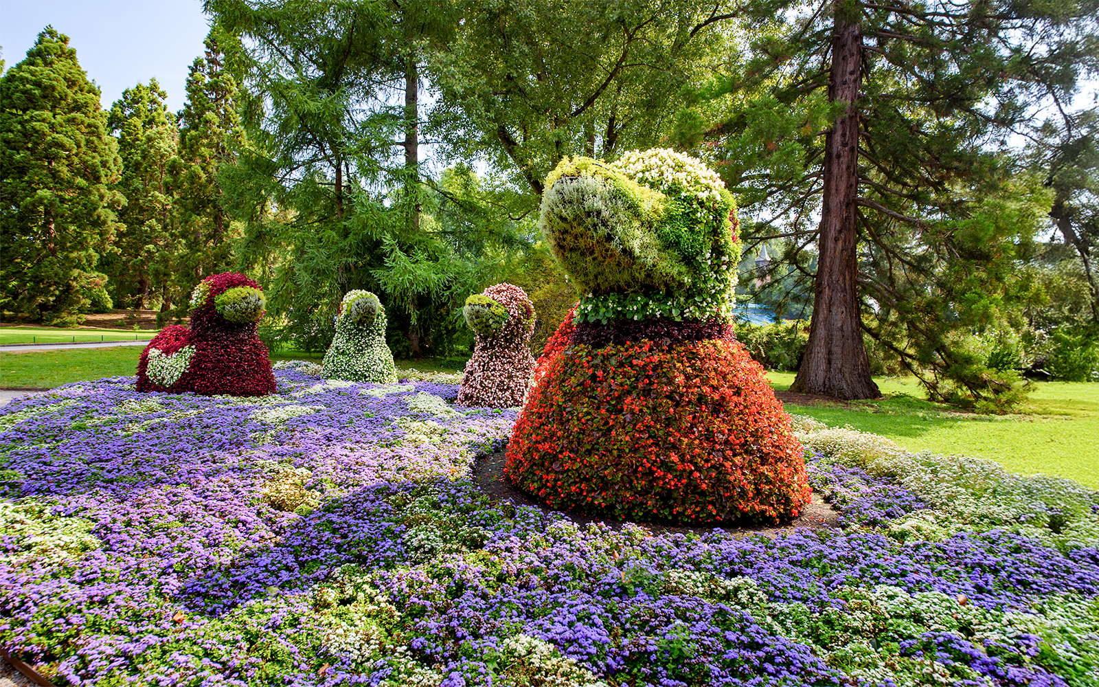 Duck-shaped flower sculptures on Mainau Island, Lake Constance, Germany.