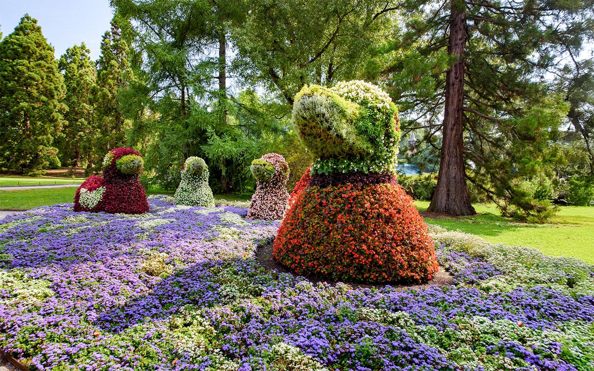 Duck-shaped flower sculptures on Mainau Island, Lake Constance, Germany.