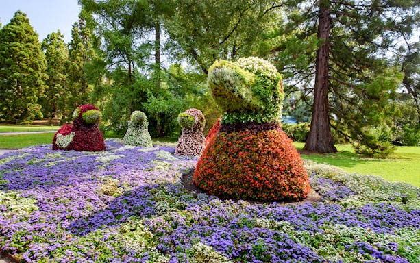 Duck-shaped flower sculptures on Mainau Island, Lake Constance, Germany.