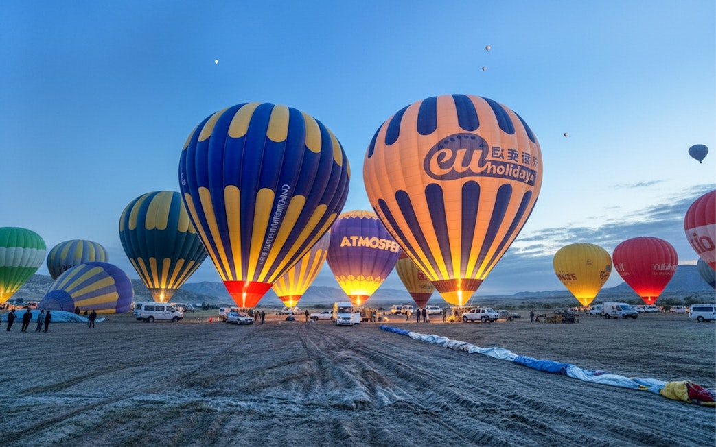 Hot air balloons preparing for flight in Gerome Valley, Cappadocia at dawn.
