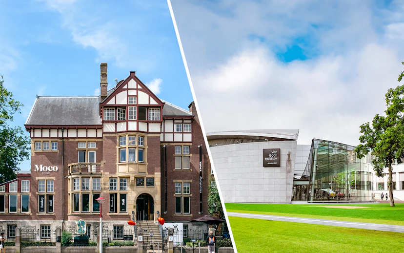 Moco Museum and Van Gogh Museum buildings in Amsterdam.