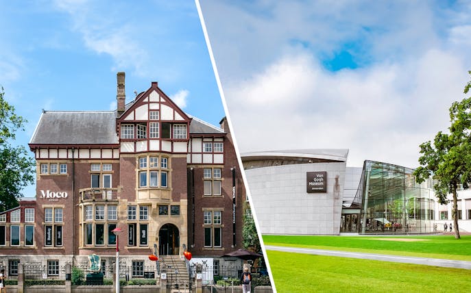 Moco Museum and Van Gogh Museum buildings in Amsterdam.