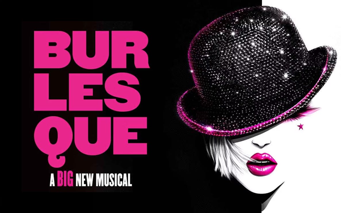 Burlesque The Musical poster with pink text and a sequined hat.