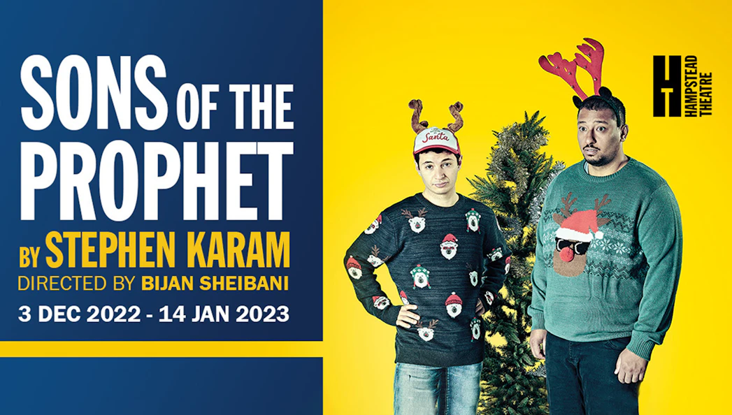Sons of the Prophet play poster with two men in festive sweaters, Hampstead Theatre.