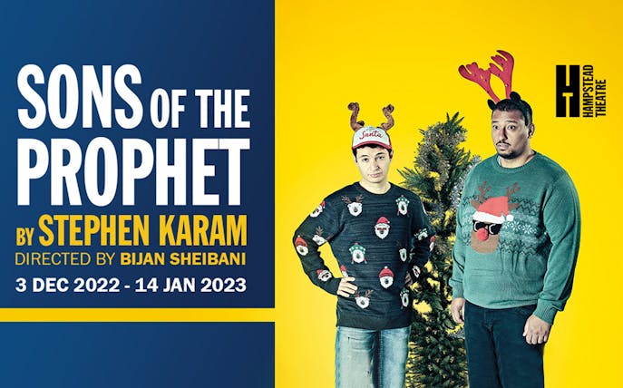 Sons of the Prophet play poster with two men in festive sweaters, Hampstead Theatre.