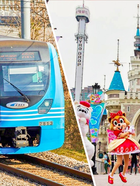 AREX train and Lotte World entrance with characters in Seoul, South Korea.