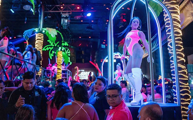 Coco Bongo Congo Bar vibrant nightlife scene with performers and neon palm trees.