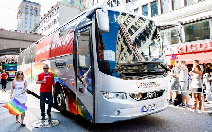 Flygbussarna airport coach in Stockholm city street.
