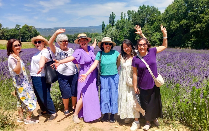 Group enjoying lavender fields in Valensole, Provence.