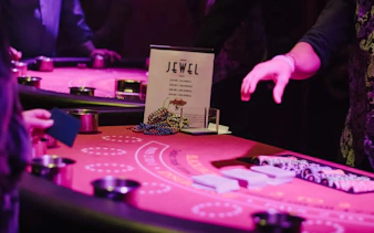 Casino table with poker chips and cards at 1920s Speakeasy Murder Mystery Dinner in Orlando.