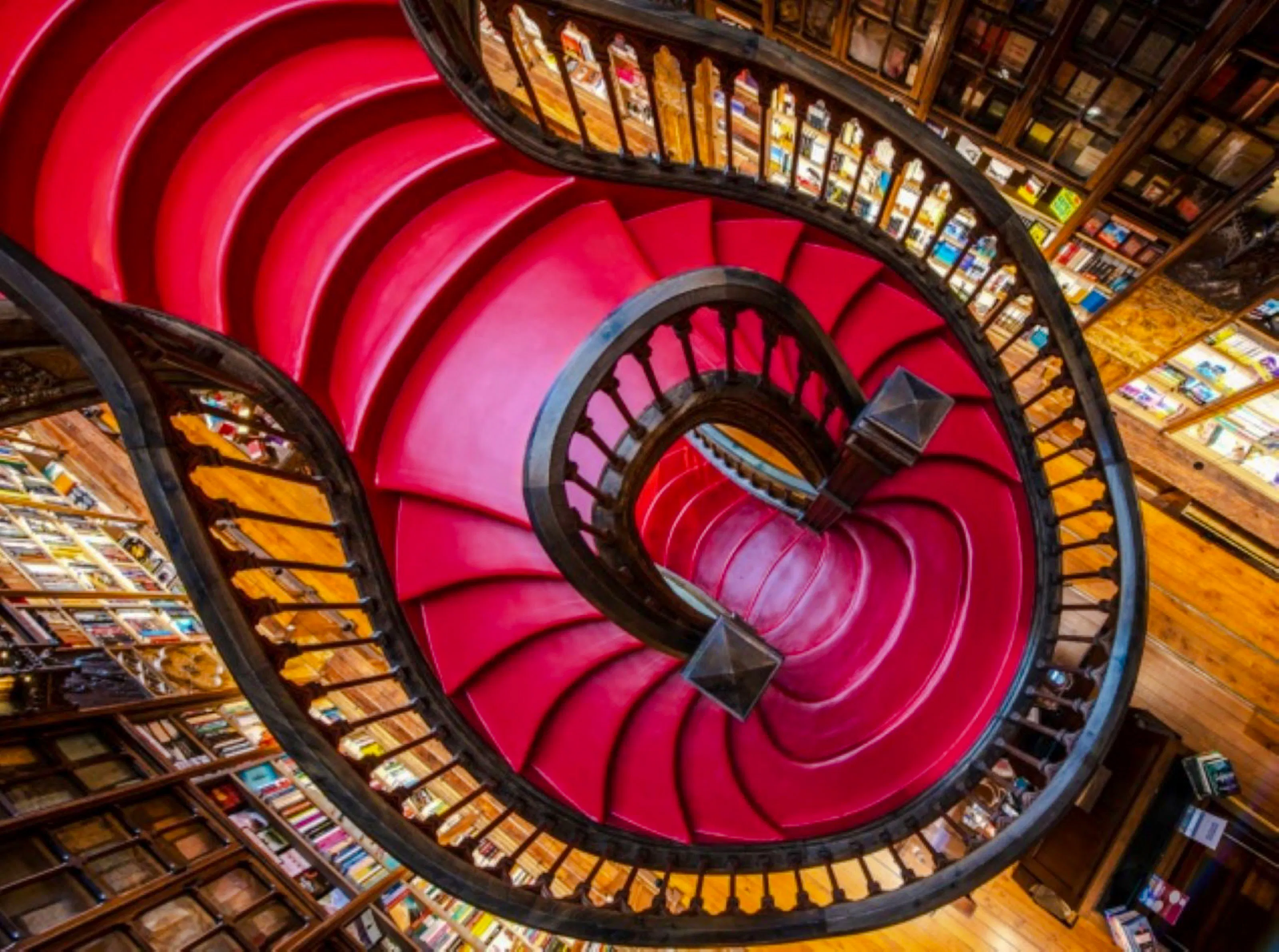 Curved red staircase inside Livraria Lello, Porto.