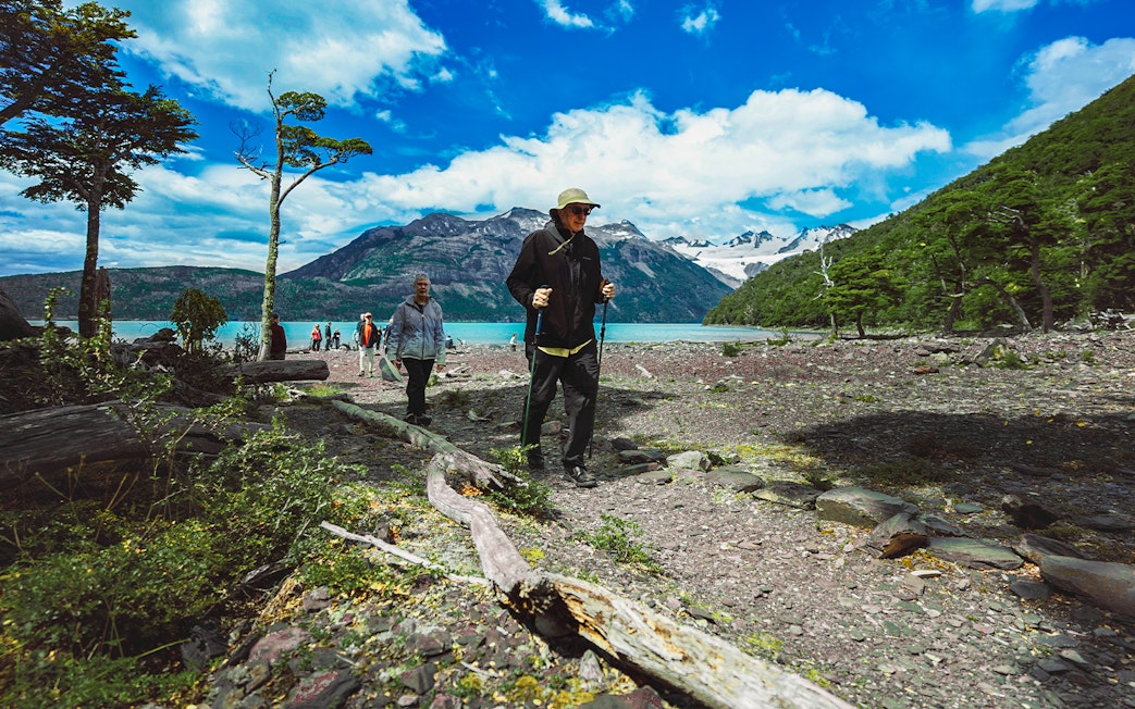 Tourists trekking with guide in Los Glaciares National Park, Patagonia, Argentina.