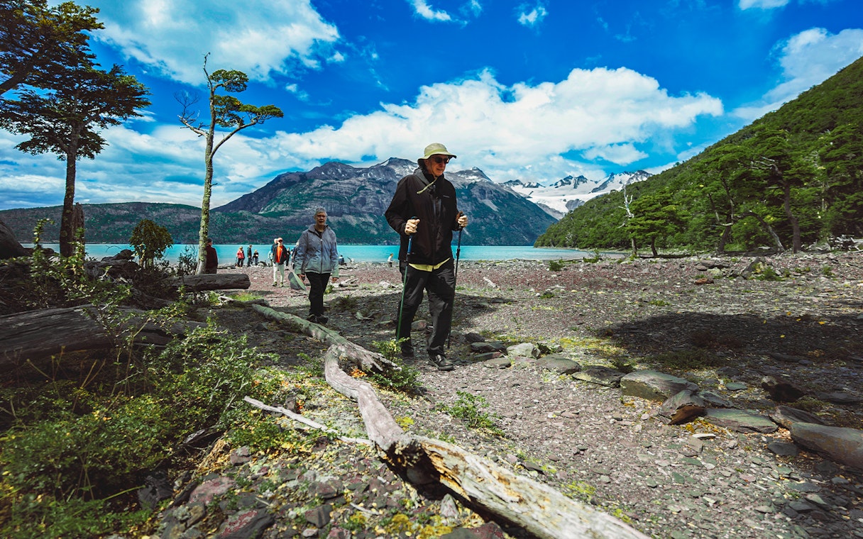 Tourists trekking with guide in Los Glaciares National Park, Patagonia, Argentina.