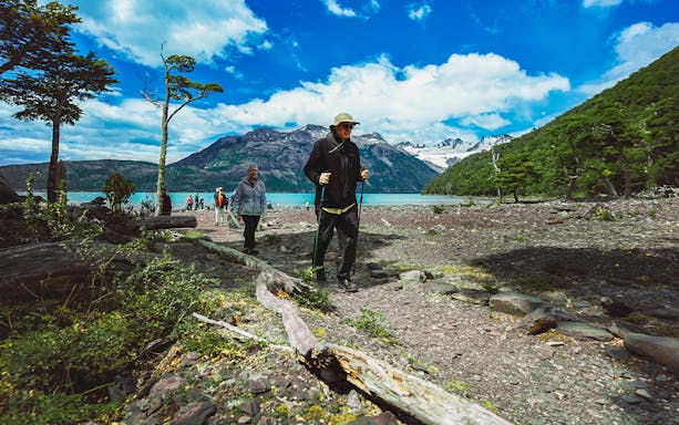 Tourists trekking with guide in Los Glaciares National Park, Patagonia, Argentina.