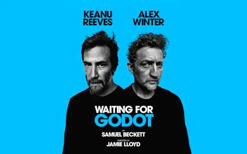 Promotional poster for "Waiting for Godot" Broadway show featuring two actors.