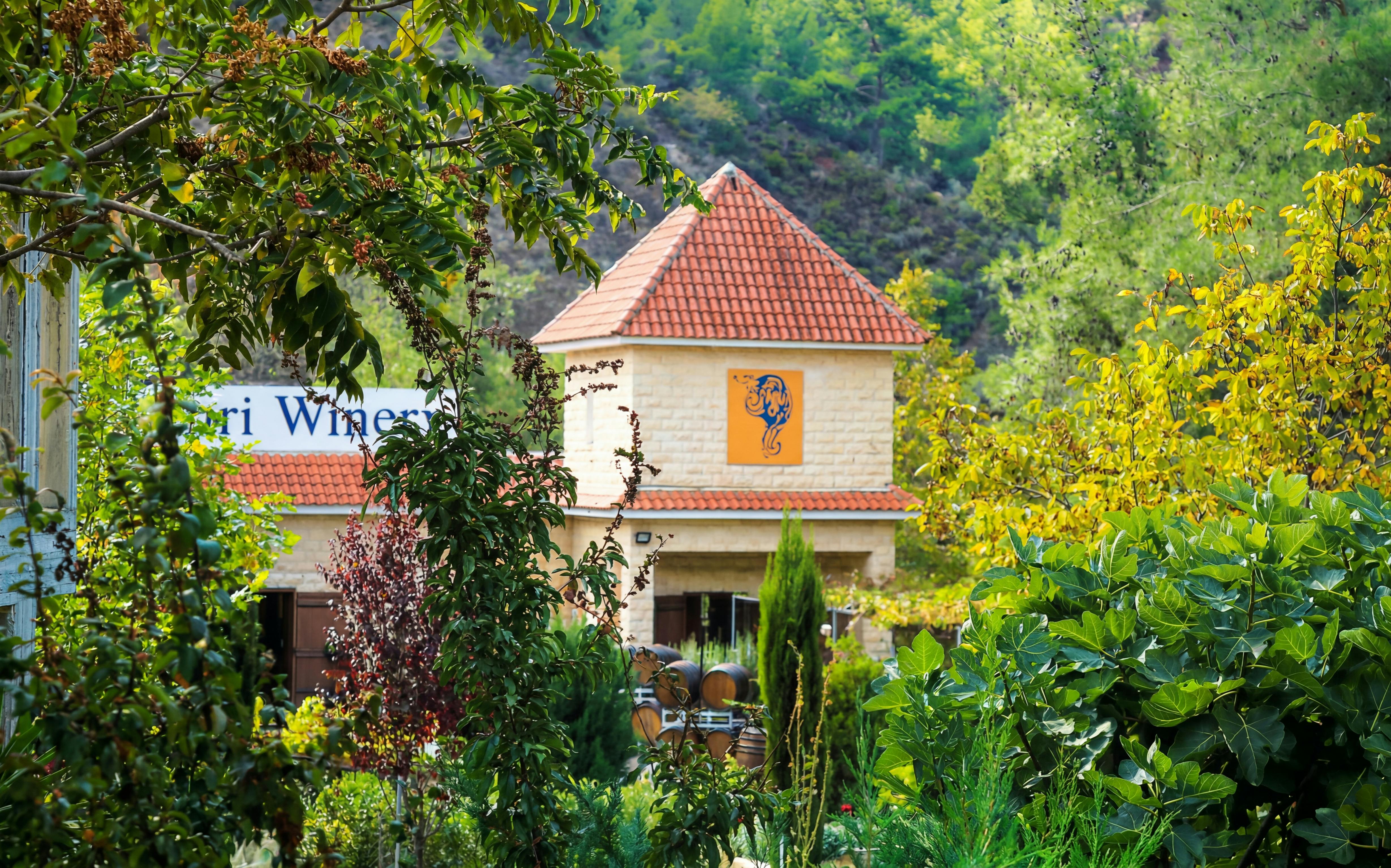 Winery building surrounded by lush greenery on the Troodos Viewpoints & Venetian Bridge Tour from Paphos.