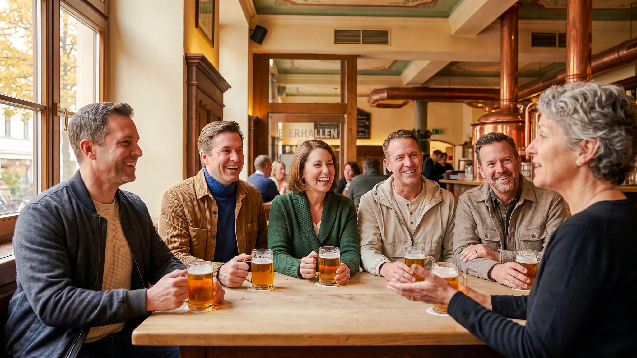 Group enjoying beer at a traditional Munich beer hall during Oktoberfest walking tour.