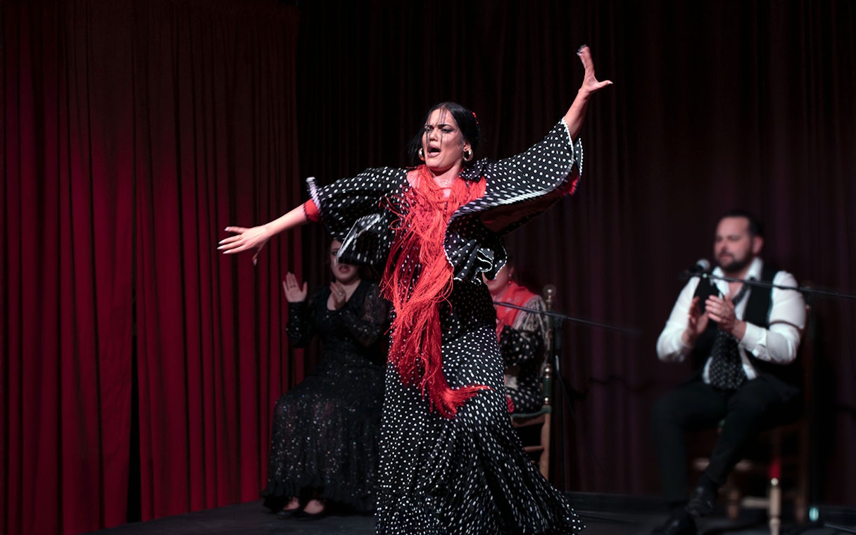 Flamenco dancer performing at Palau Dalmases in Barcelona.