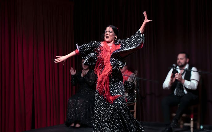 Flamenco dancer performing at Palau Dalmases in Barcelona.
