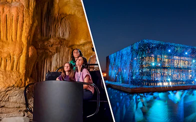 Visitors exploring Cosquer Cave and Mucem Marseille illuminated at night.
