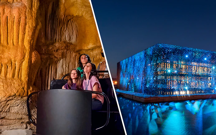 Visitors exploring Cosquer Cave and Mucem Marseille illuminated at night.