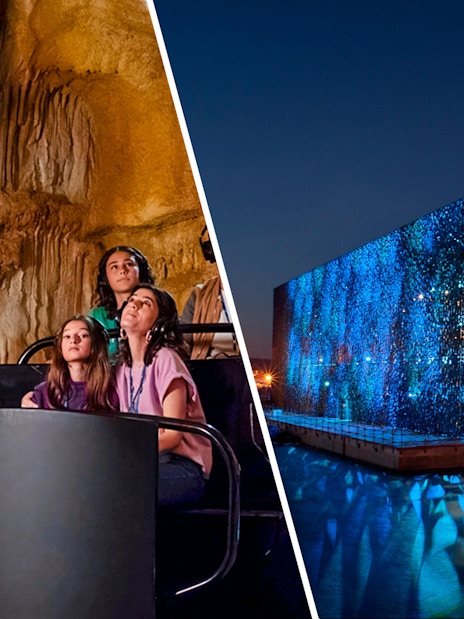 Visitors exploring Cosquer Cave and Mucem Marseille illuminated at night.