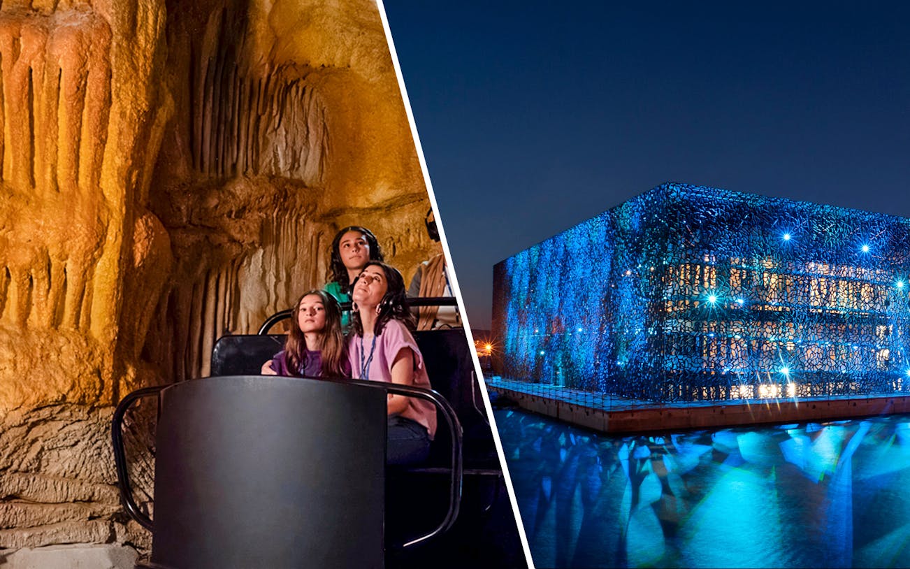 Visitors exploring Cosquer Cave and Mucem Marseille illuminated at night.