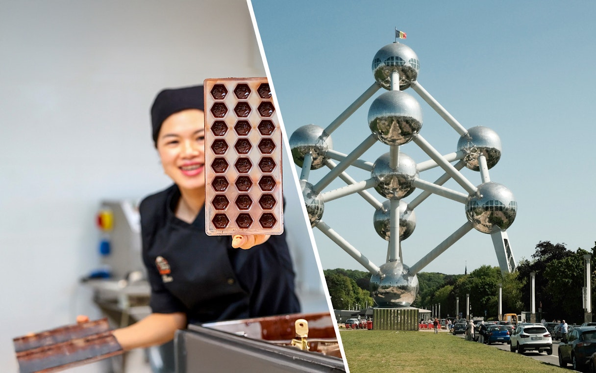 Chocolate making class in Brussels and view of the Atomium.