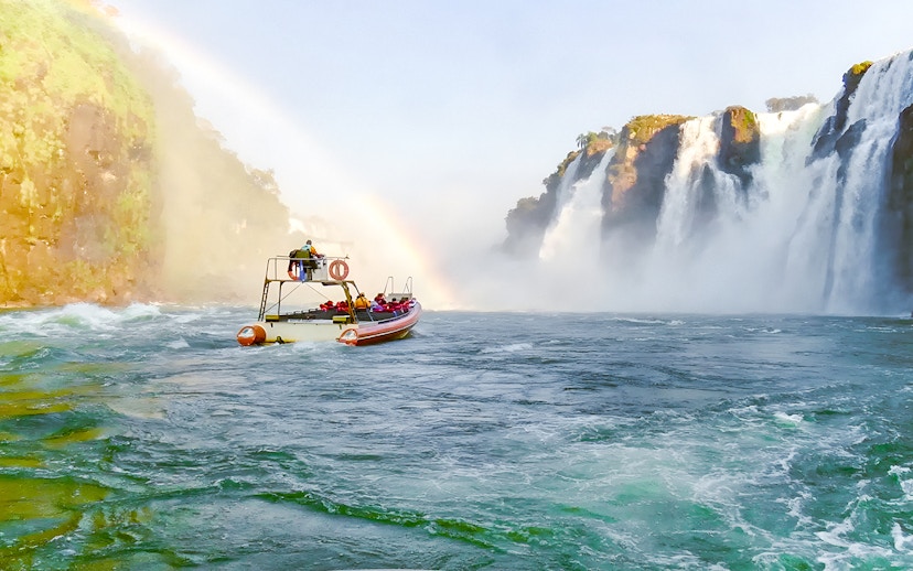 Boat approaching waterfalls on Gran Aventura ride, Argentine side of Iguazu Falls.