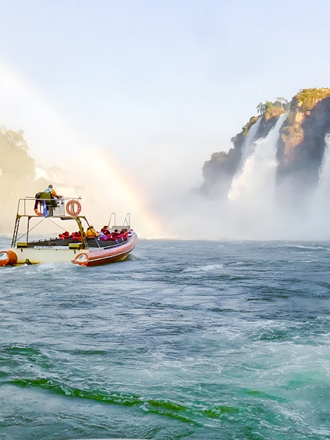 Boat approaching waterfalls on Gran Aventura ride, Argentine side of Iguazu Falls.