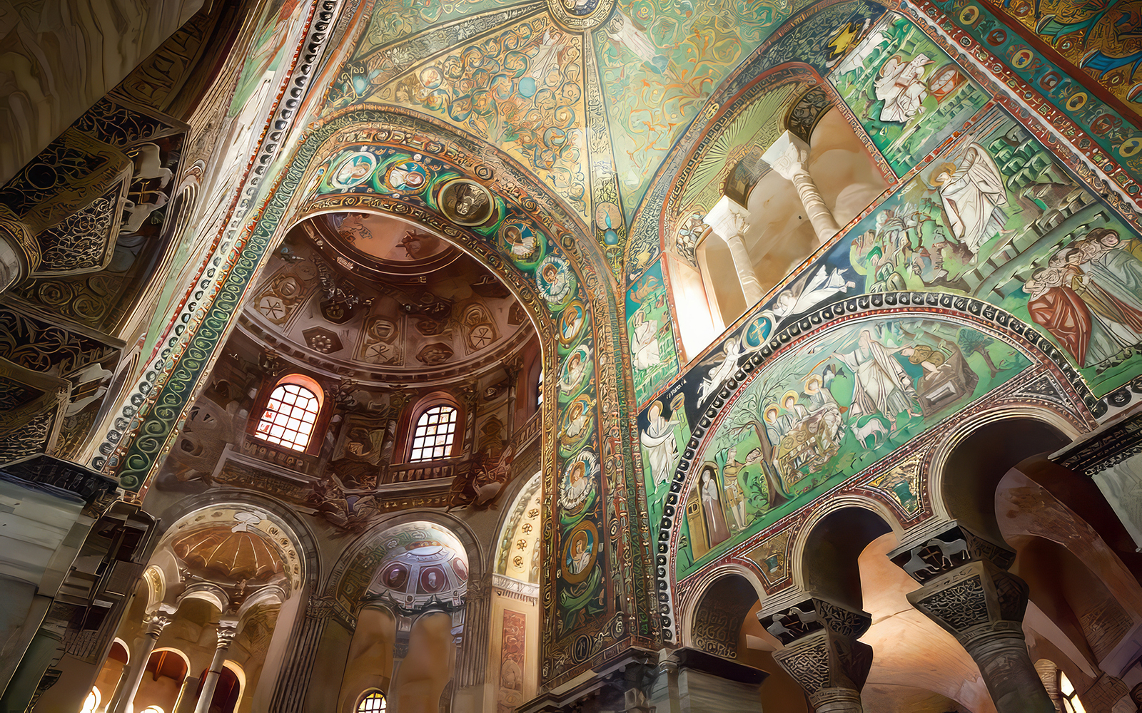 Mosaic interior of Basilica di San Vitale, Ravenna, showcasing vibrant Byzantine art.