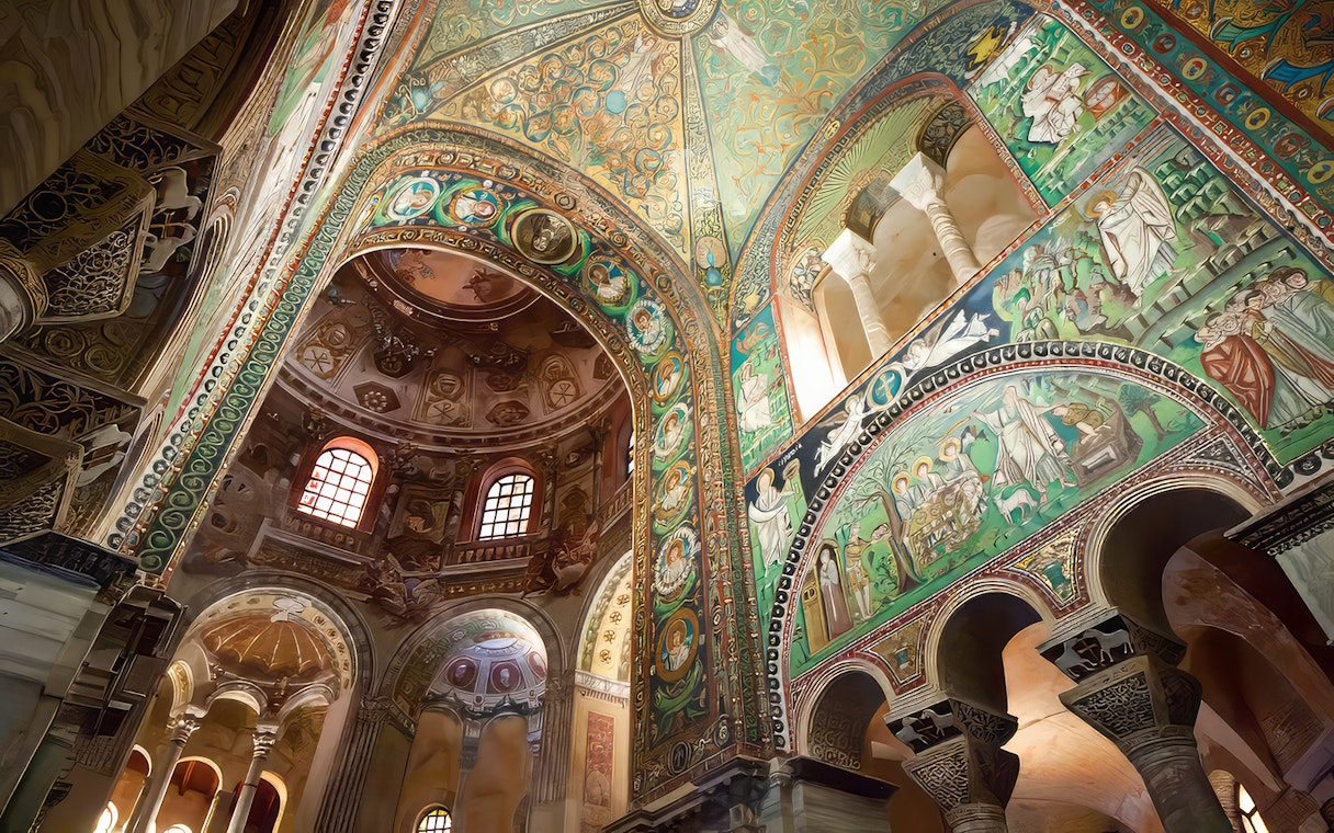Mosaic interior of Basilica di San Vitale, Ravenna, showcasing vibrant Byzantine art.