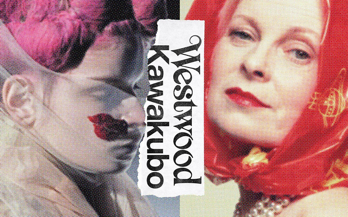 Collage of fashion elements with text 'Westwood Kawakubo' at NGV exhibition.