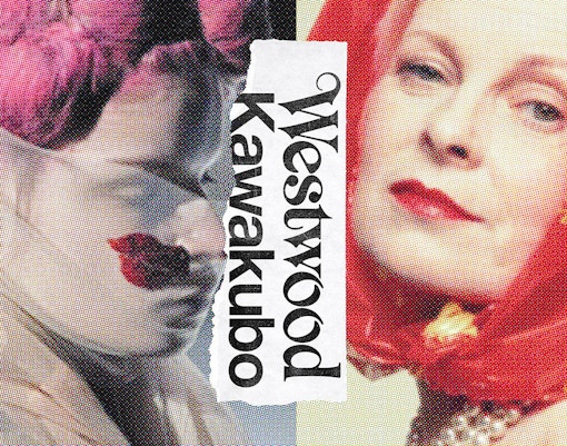 Collage of fashion elements with text 'Westwood Kawakubo' at NGV exhibition.