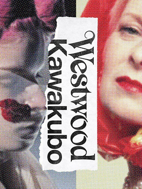 Collage of fashion elements with text 'Westwood Kawakubo' at NGV exhibition.