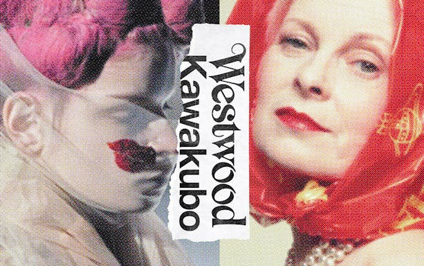 Collage of fashion elements with text 'Westwood Kawakubo' at NGV exhibition.