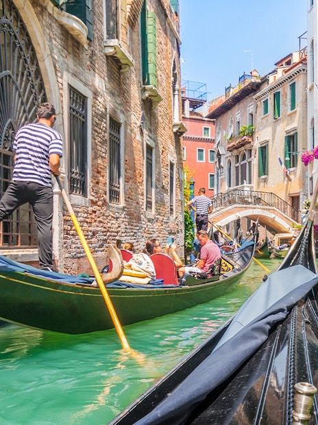 Gondola ride through Venice canal with vibrant buildings and flowers.